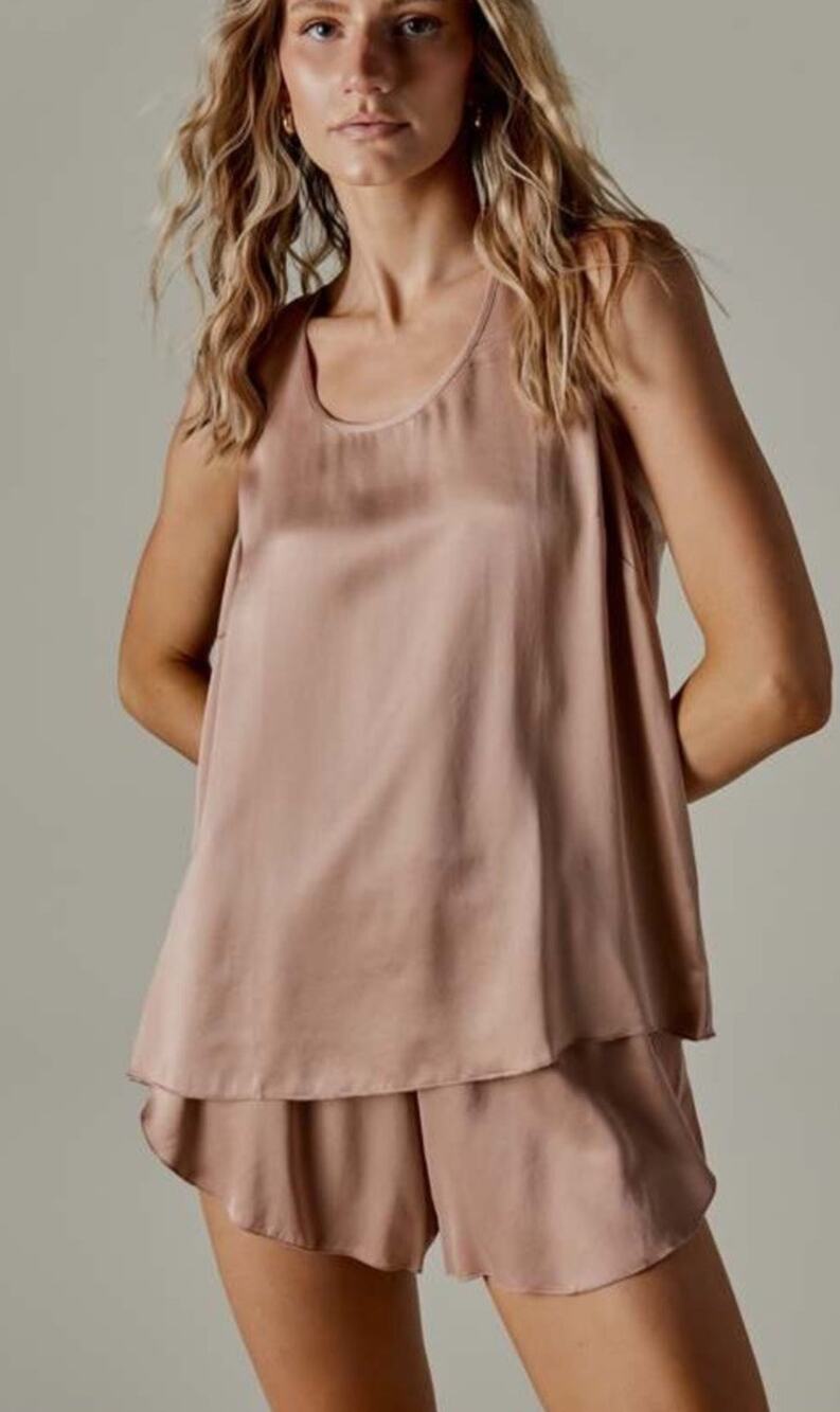 Lunya Washable Silk Tulip Back Shorts Tank Set Otium Tan Medium Pink Pajamas